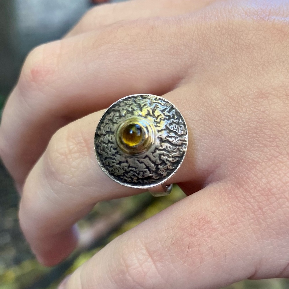 Dome Shield Sterling Silver Ring with Smooth Amber Bead - From Greece - Picture 4 of 10